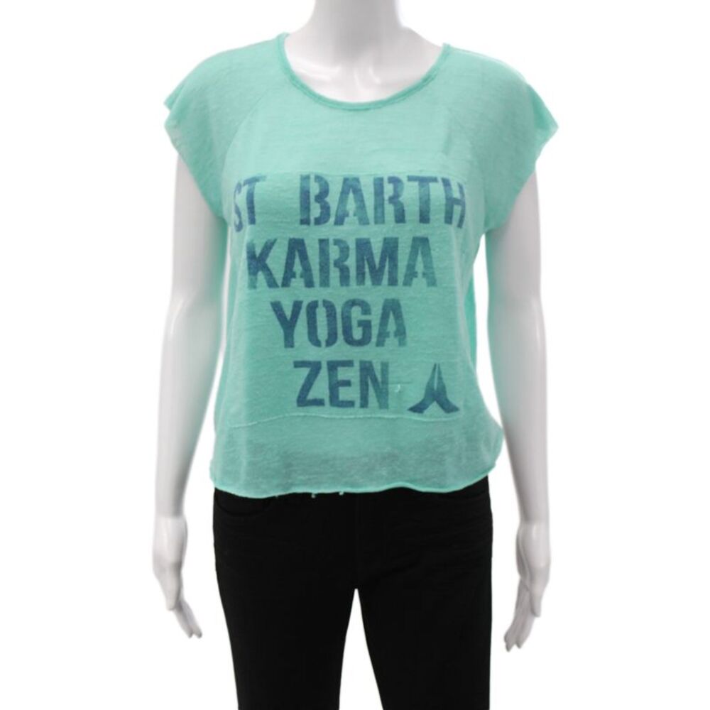 St.Barth Women Cropped T-Shirt Green Linen Graphic Print Sleeveless Size S